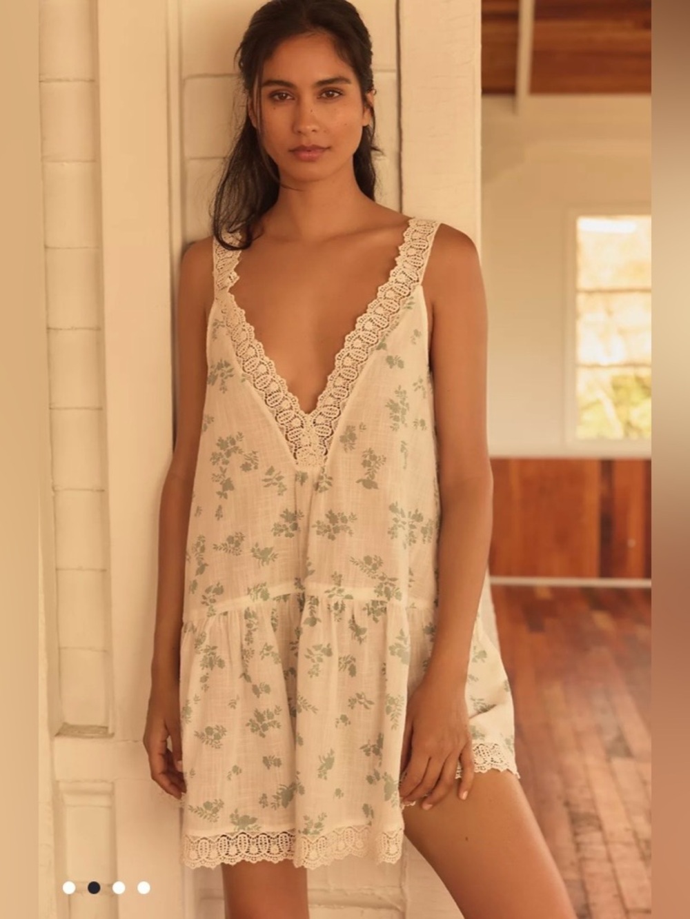 Anthropologie Embroidered Trim V-Neck Mini Sleep Dress in Ivory Combo Size L NWT